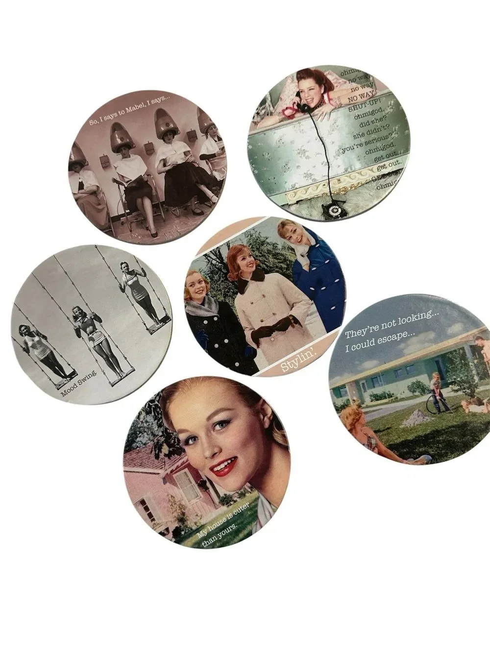 Retro Kitsch Cork Coaster Set Funny Mid Century Housewife Decor